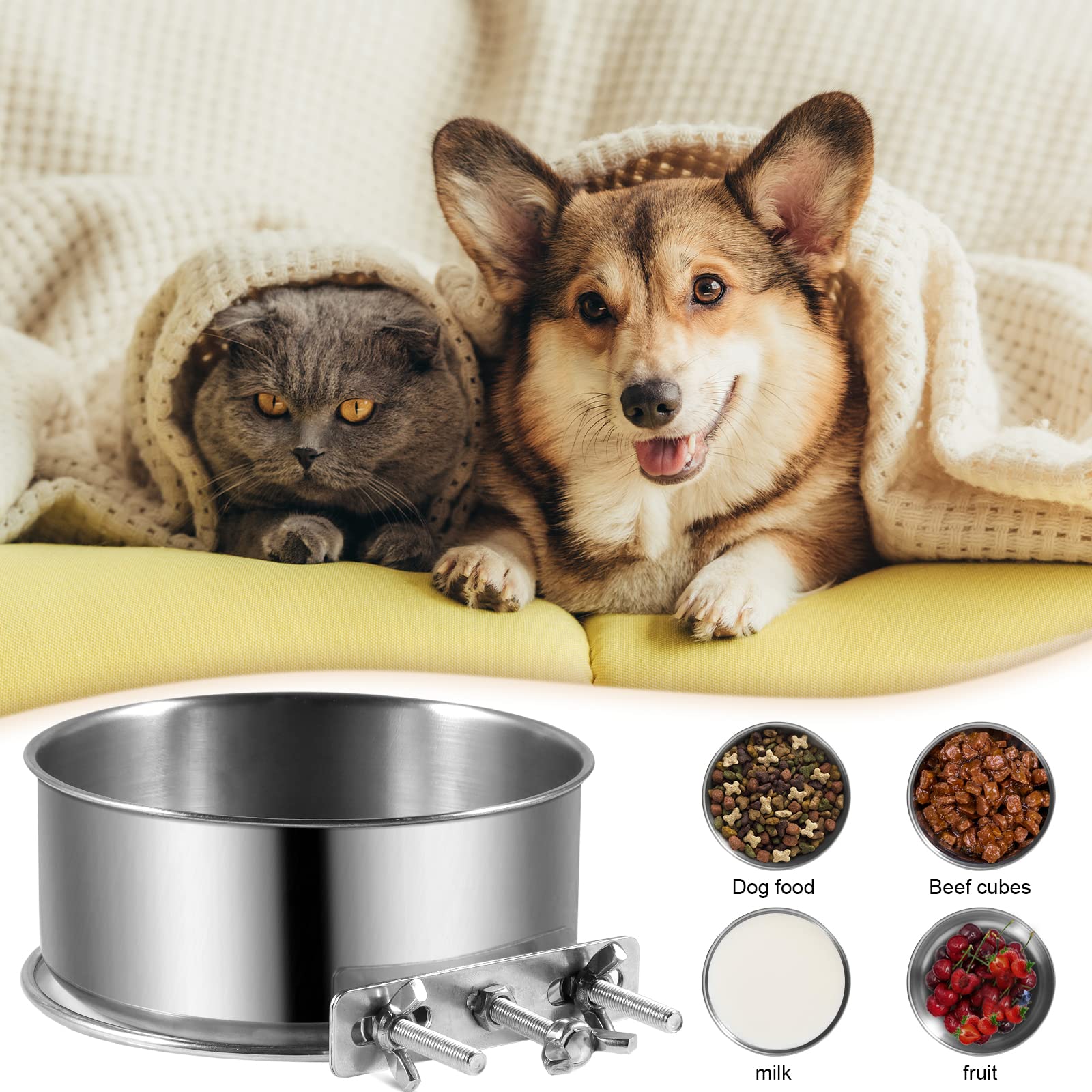 Dog Crate Water Bowl, 2 Pack No Spill Hanging Cage Food Bowls for Kennel Puppy Cat Bird Bunny Stainless Steel Metal Mountable Sm